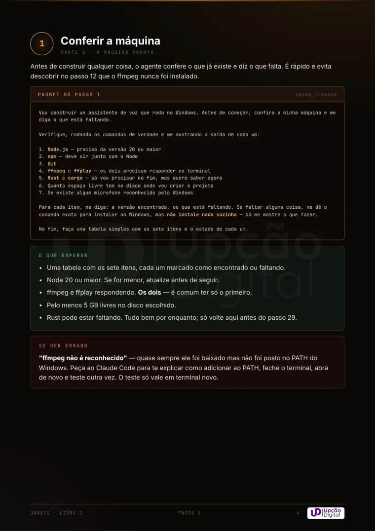 Página do passo 1 do livro 2, com o prompt, o que esperar e se der errado